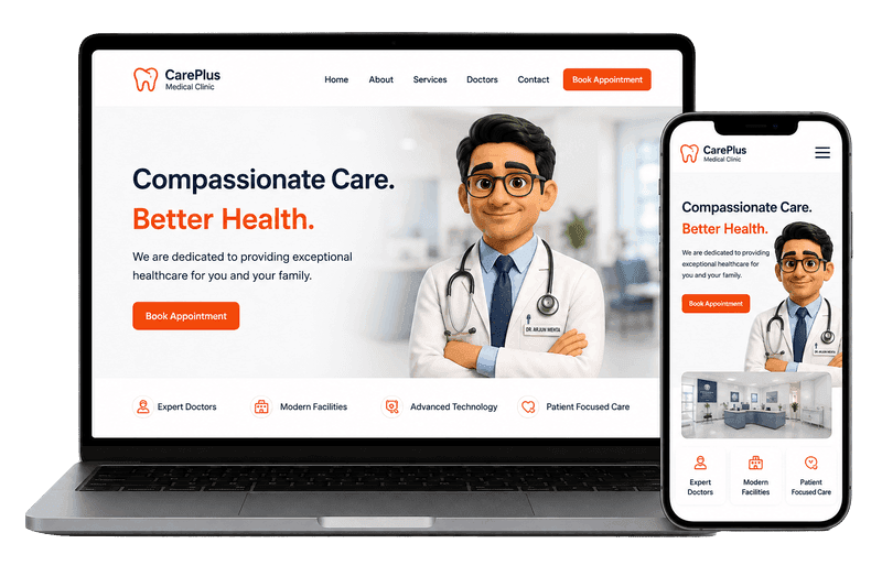 Laptop and phone mockup showing a responsive CarePlus Medical Clinic healthcare website