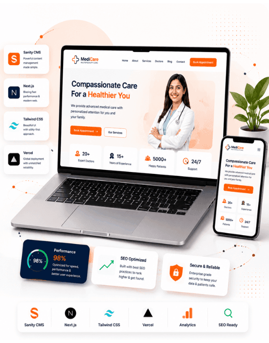White-label healthcare website development showcase with desktop, mobile, and tech stack