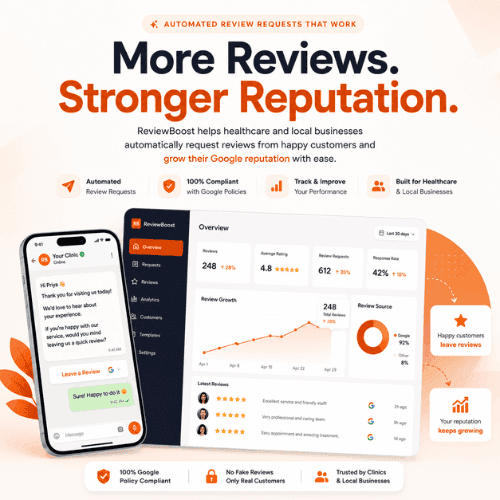 ReviewBoost automated review requests, dashboard overview, and reputation growth for healthcare and local businesses