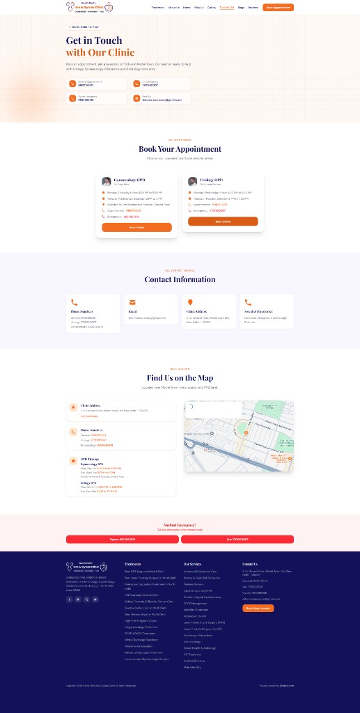 Full-page contact screenshot of North Delhi Uro and Gynae Clinic website