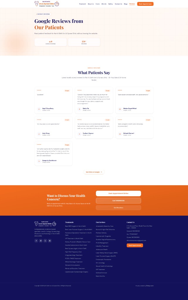 Full-page Google reviews screenshot of North Delhi Uro and Gynae Clinic website