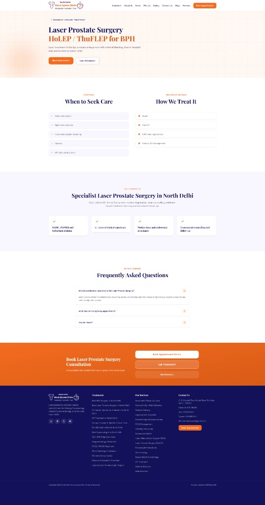 Full-page treatment screenshot of North Delhi Uro and Gynae Clinic website